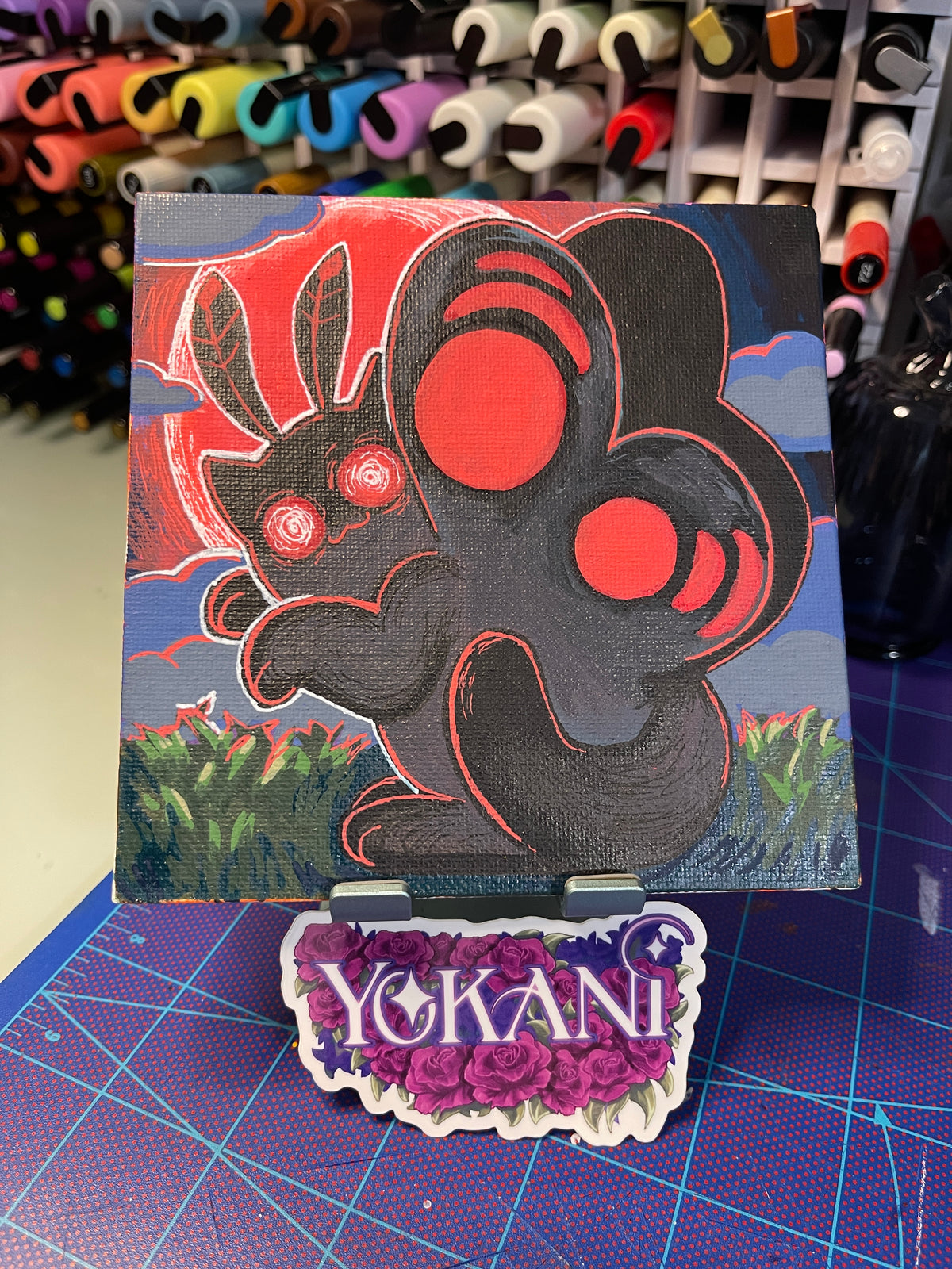 10- MOTHMAN 31 Spooky Cats Original 5x5 Painting by Yokani 2026