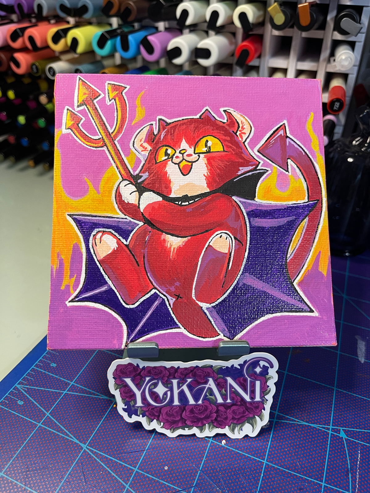 20- DEVIL 31 Spooky Cats Original 5x5 Painting by Yokani 2026