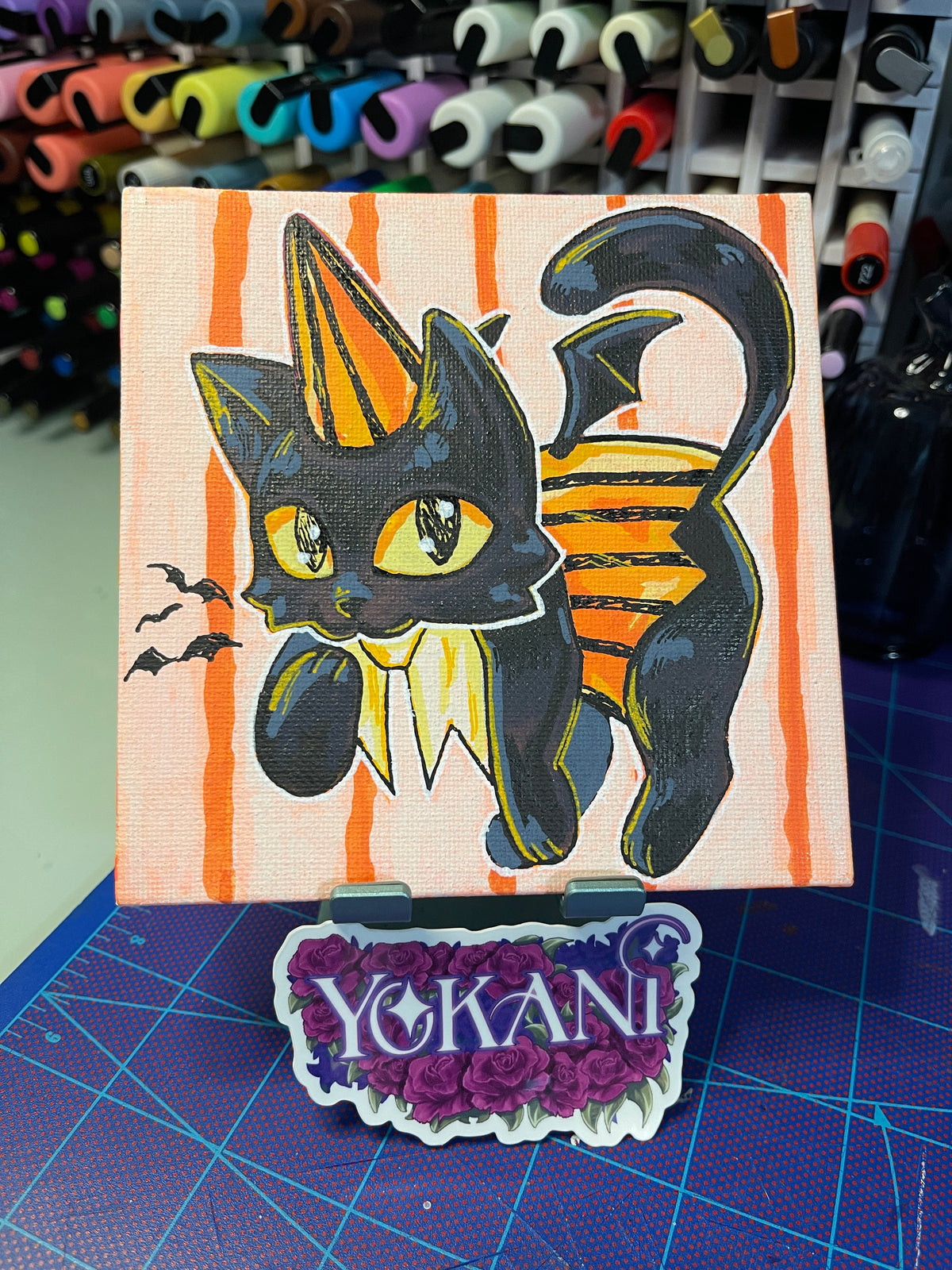 6- Bat - 31 Spooky Cats Original 5x5 Painting by Yokani 2026