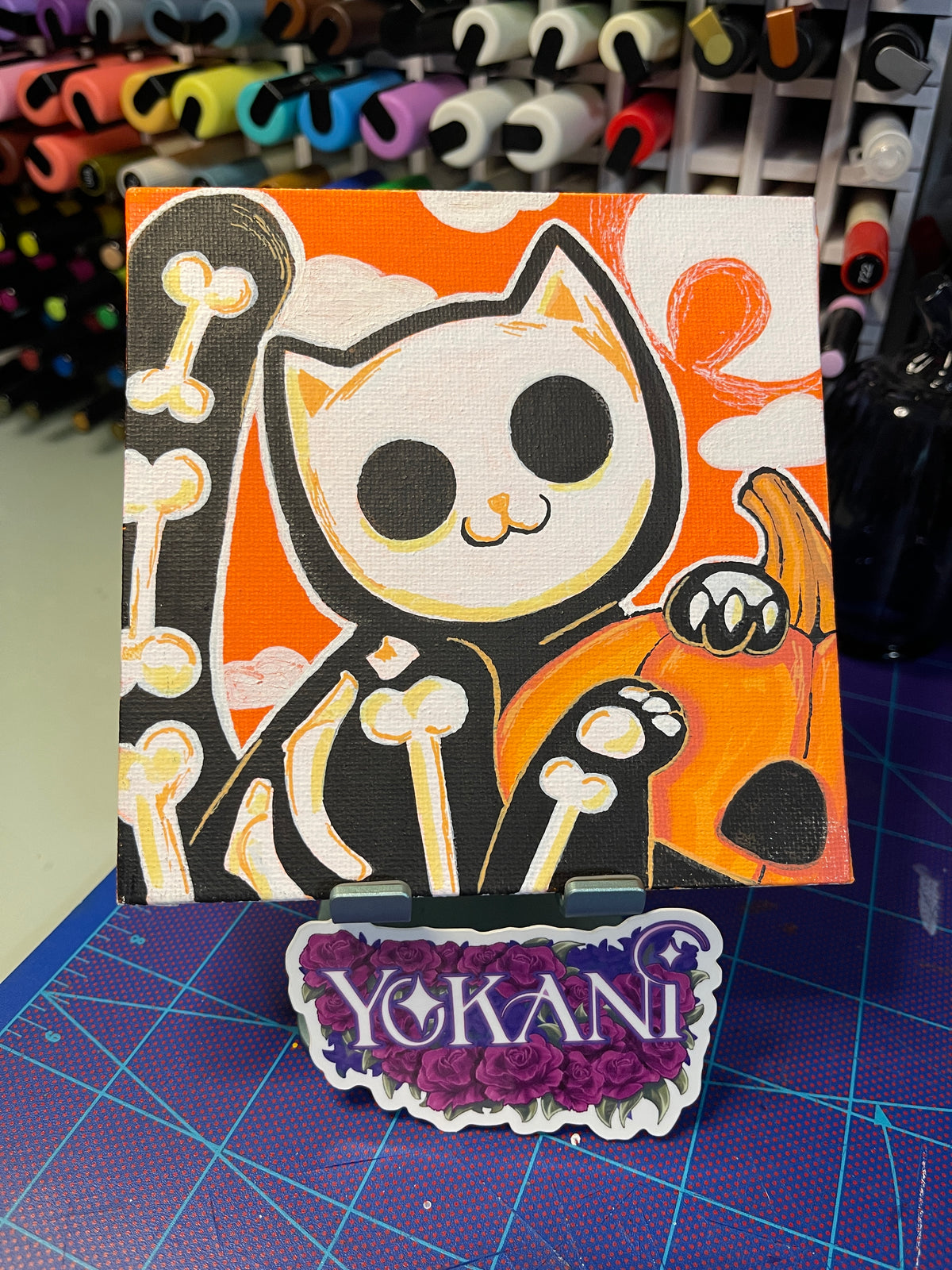 14- SKELETON 31 Spooky Cats Original 5x5 Painting by Yokani 2026